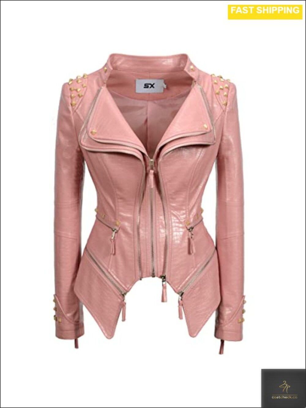 Faux Leather Studded Moto Biker Jacket Zip Front Long Sleeve